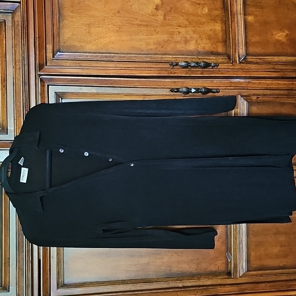Chico's Traveler's Liquid Knit Black Button Front Tie Back Long Cardigan Sz. XS!